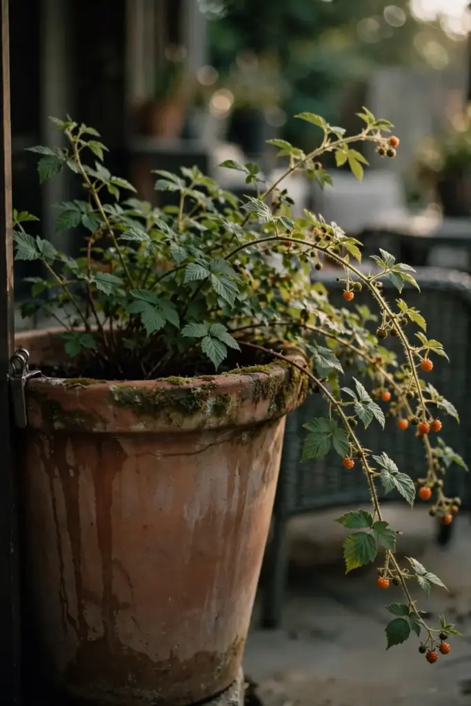 Salmonberry growing in a large terracotta pot on a shaded patio