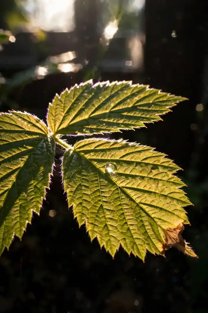 Salmonberry trifoliate leaf backlit showing veins and serrated edges