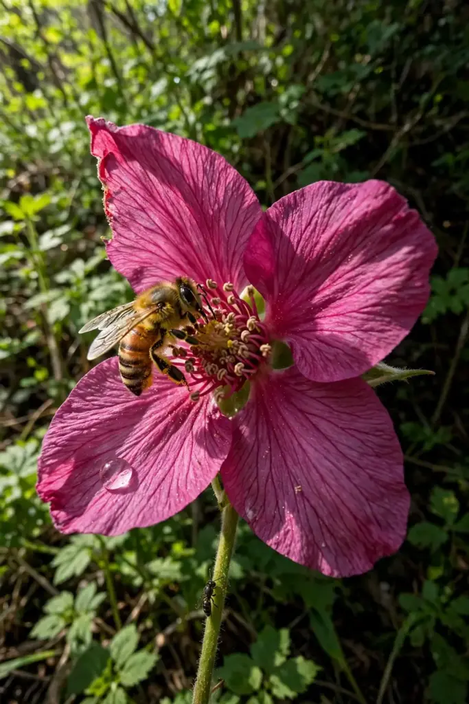 Magenta salmonberry blossom with a bee gathering pollen in early spring