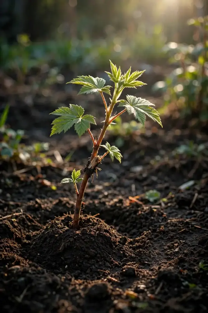 Freshly planted salmonberry start in dark soil with compost around the base