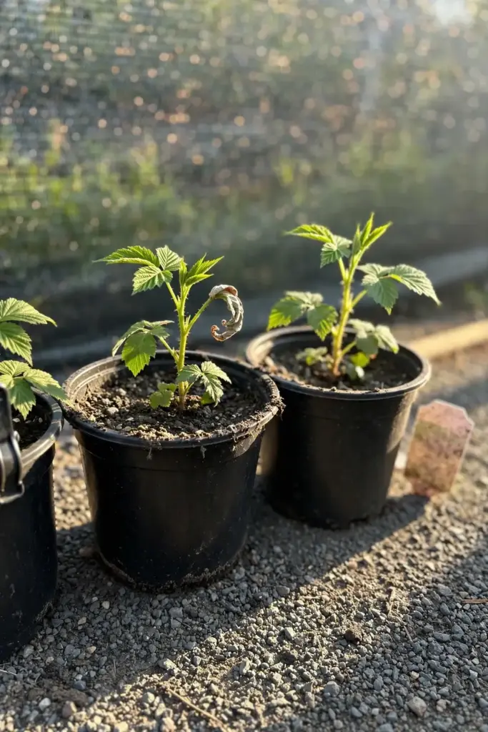 Young salmonberry nursery plants in black pots ready for planting