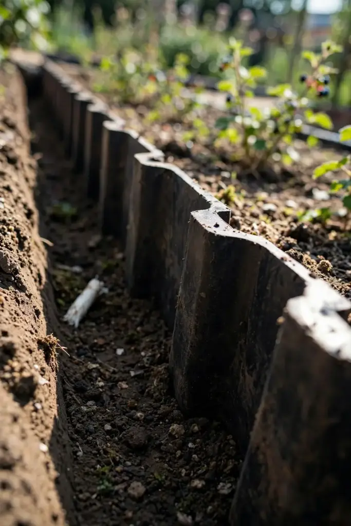 Rigid root barrier being installed in a trench around a berry planting