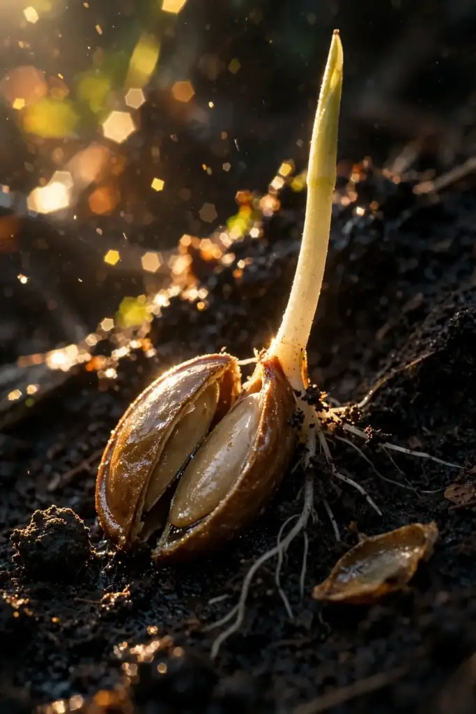 Salmonberry seed splitting open with a pale sprout rising from dark soil