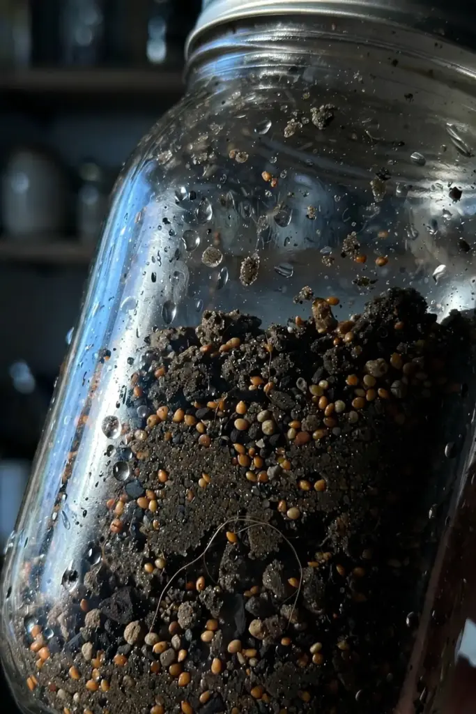 Salmonberry seeds mixed into damp sand inside a glass jar for cold stratification