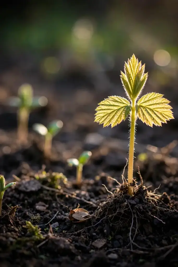 Young salmonberry seedlings at successive stages pushing through dark soil