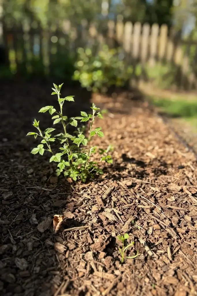 Young salmonberry clump with wide spacing in a mulched garden bed
