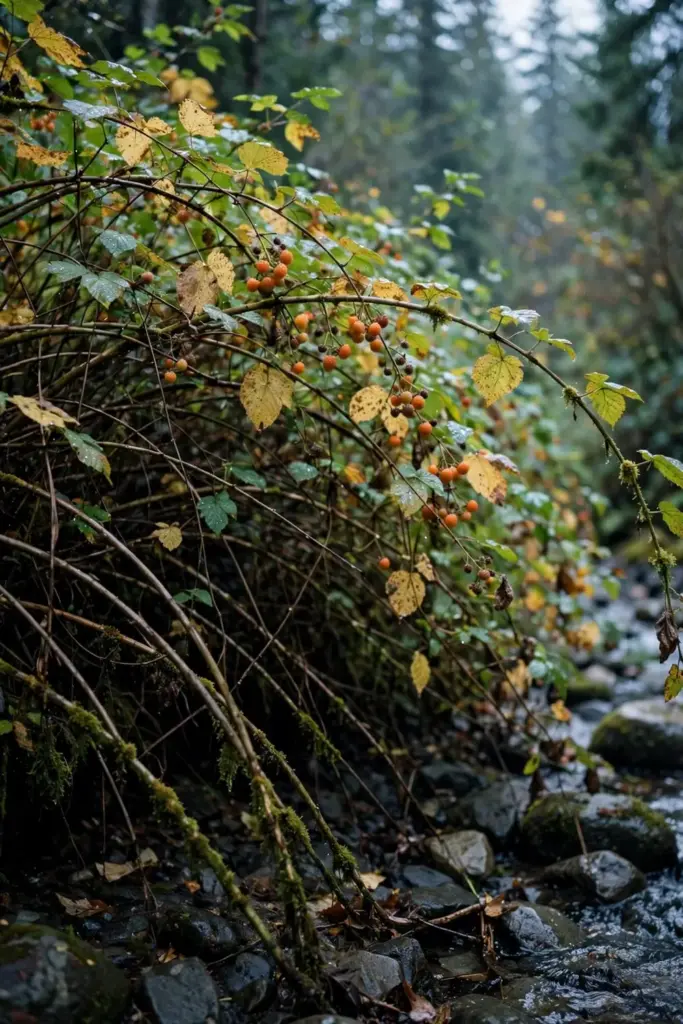 Salmonberry thicket growing along a shaded streambank in the Pacific Northwest