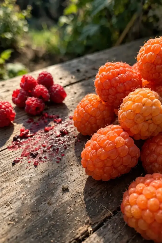 Salmonberry beside raspberry on weathered wood showing fruit and leaf differences