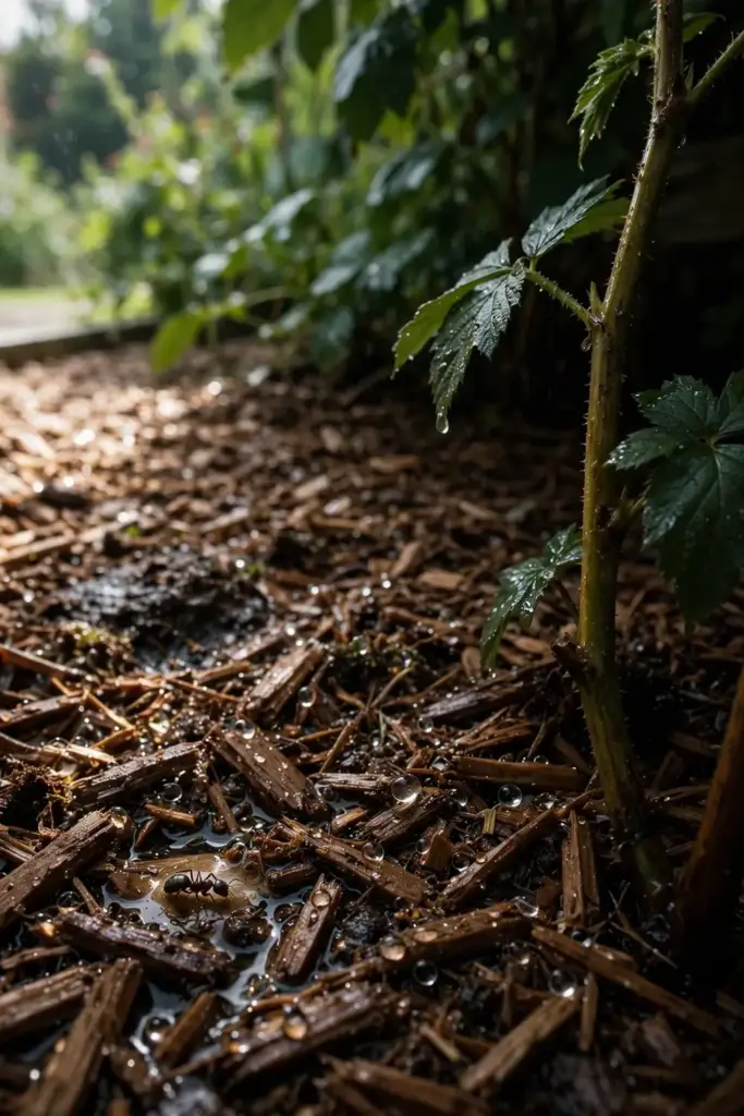 Water droplets on wood chip mulch around a salmonberry cane base