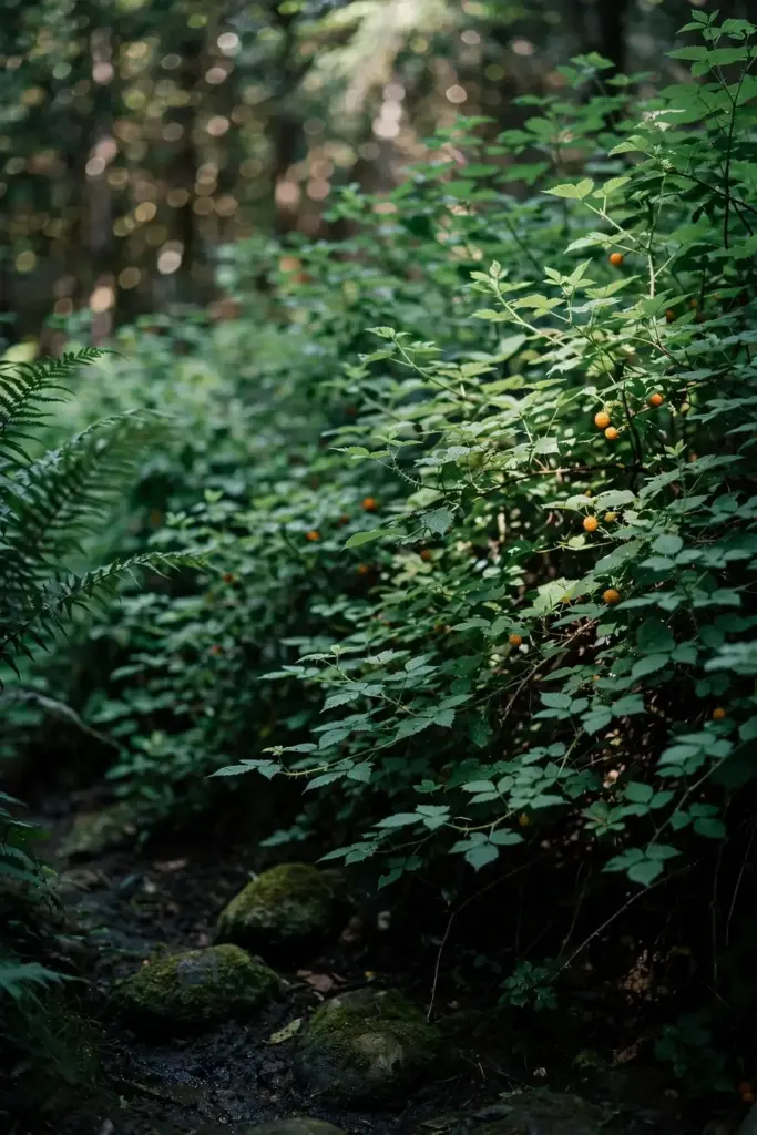 Salmonberry shrubs thriving in deep shade beneath tall trees