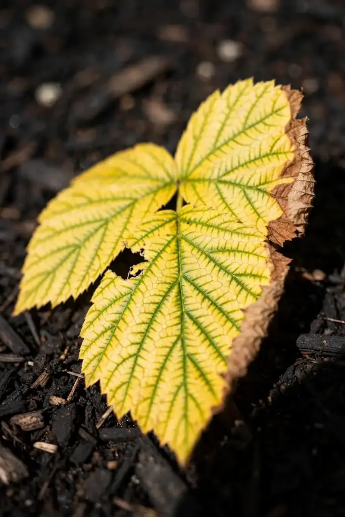 Yellowing salmonberry leaf with green veins showing nutrient stress
