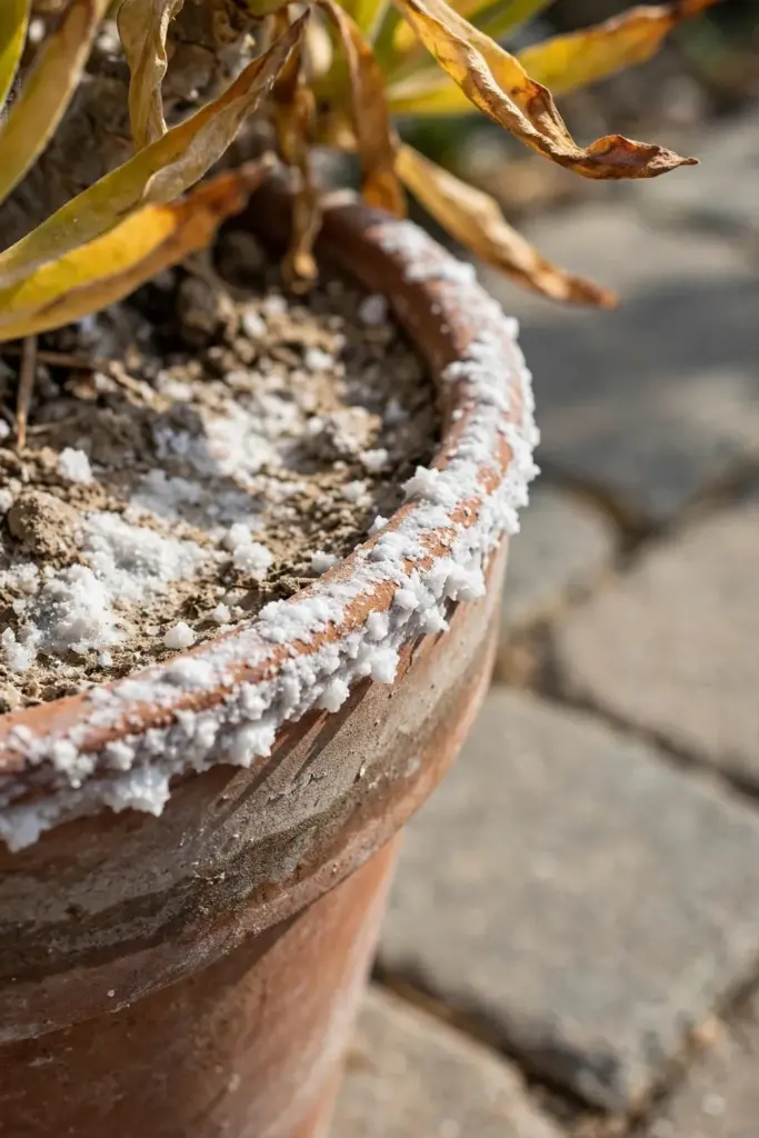 White salt crust on soil and pot rim below yellow leaf tips