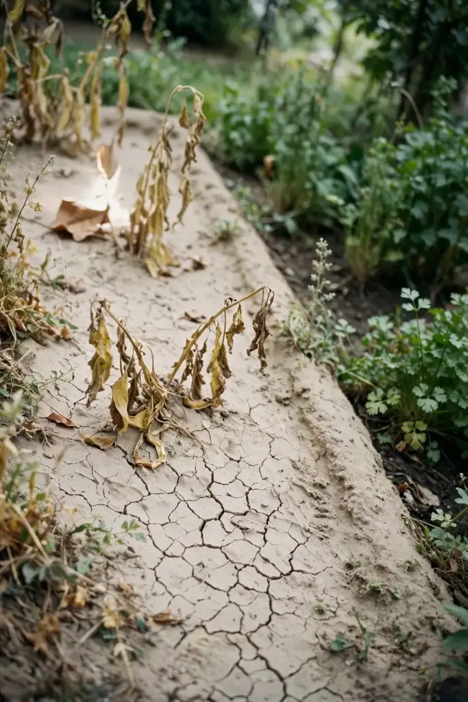 Sandy bed with cracked dry soil and wilting plants in hot sun.