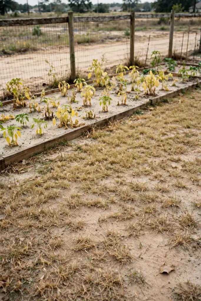 Thinning sandy lawn beside a vegetable bed with stunted yellowing plants.