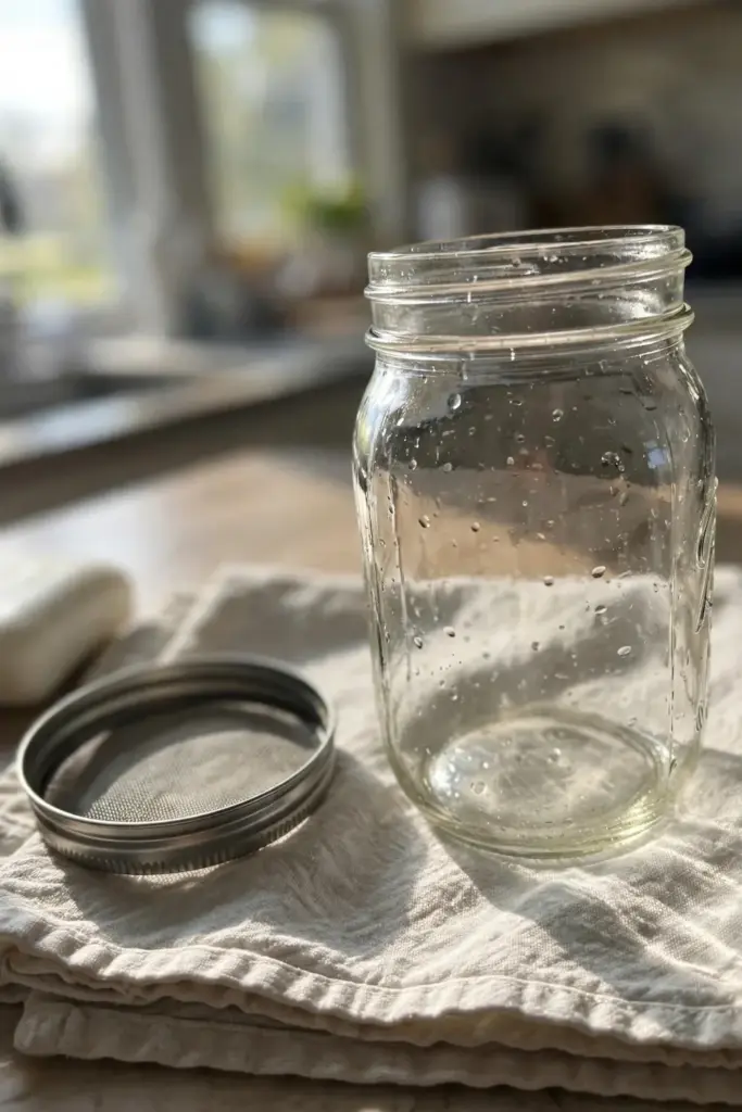 Clean empty mason jar with mesh sprouting lid on a kitchen towel