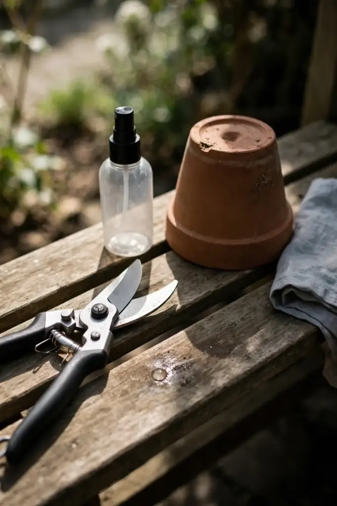 Clean pruning shears and spray bottle on a disinfected bench.