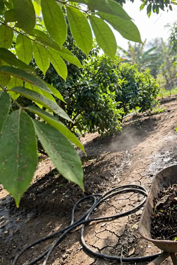 Tropical backyard garden with full sun on lush fruit trees and moist soil