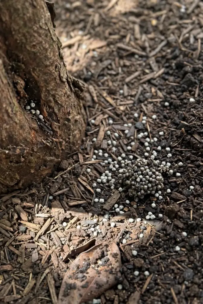 Granular balanced fertilizer scattered under mulch around a santol tree