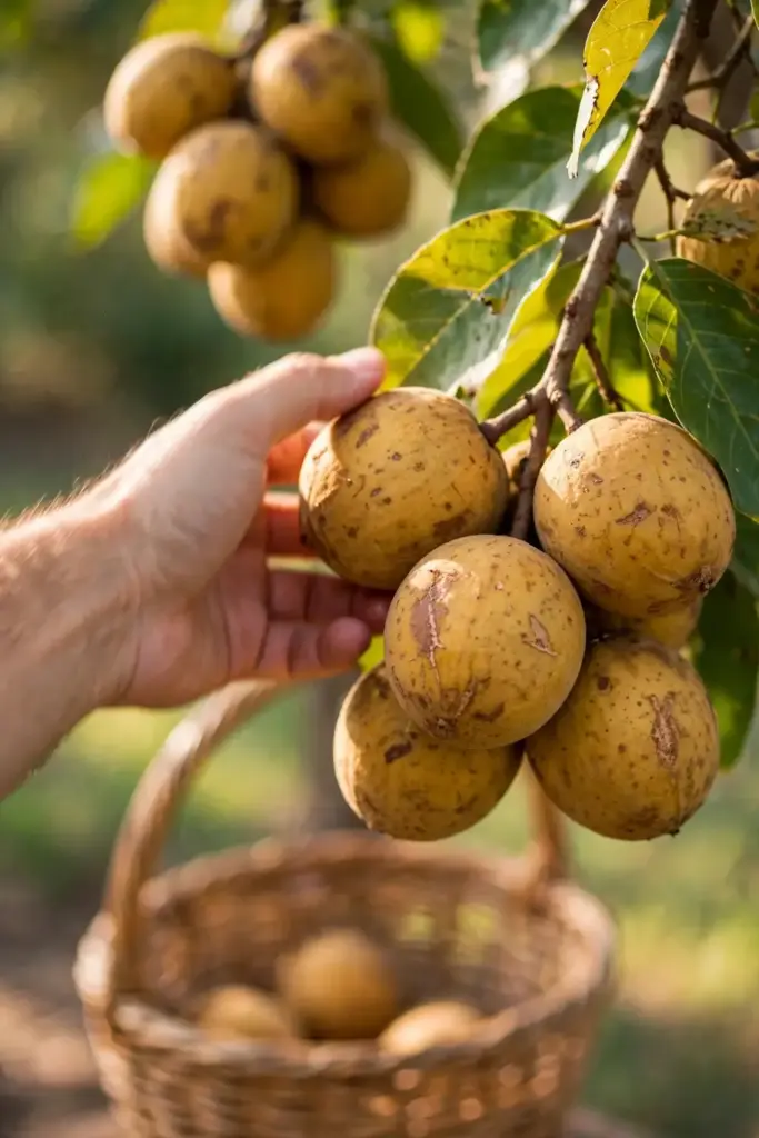 Ripe yellowish-brown santol fruit ready to pick, hanging low on the tree