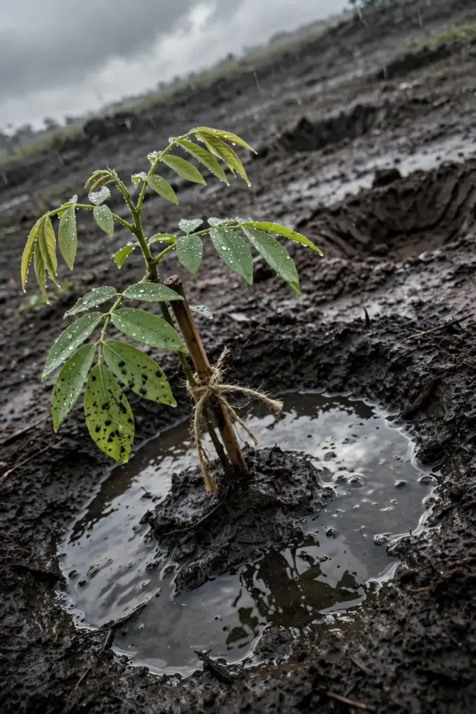 Freshly planted santol sapling in wet soil under overcast rainy-season sky