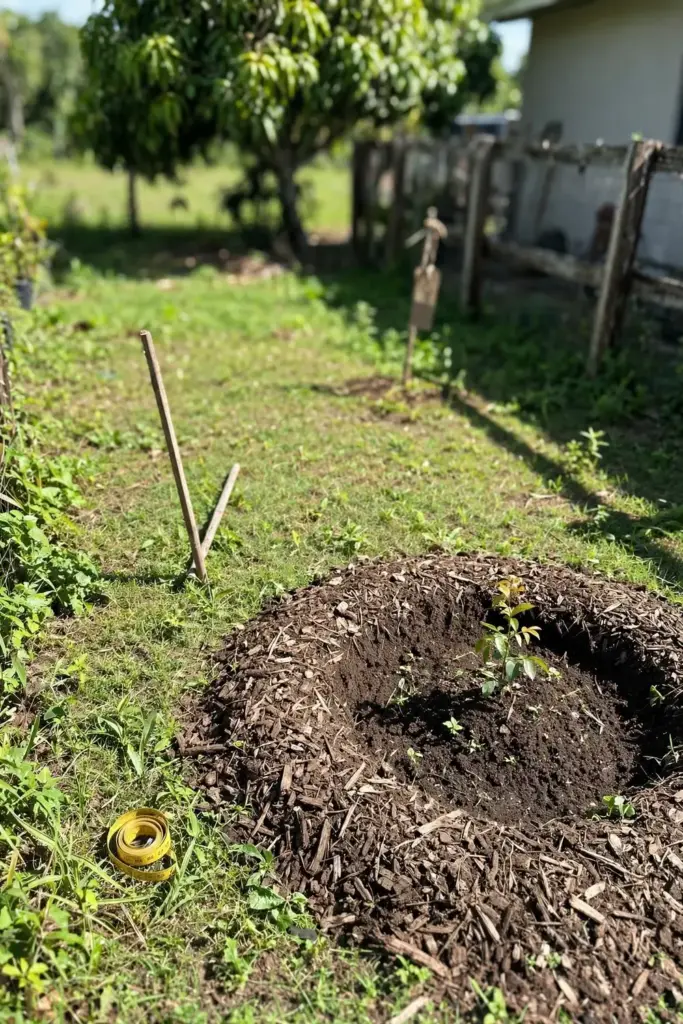 Wide sunny planting site marked out for a santol tree with mulch ring