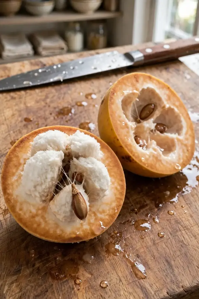 Ripe santol fruit cut open showing white cottony pulp and brown seeds