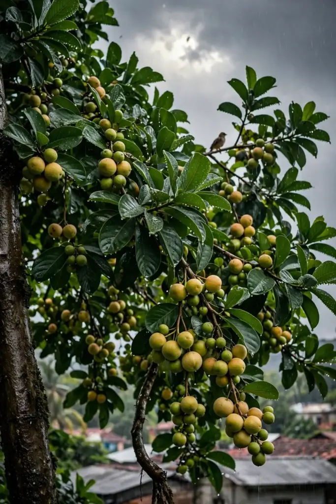 Santol canopy heavy with developing fruit under dramatic rainy-season clouds