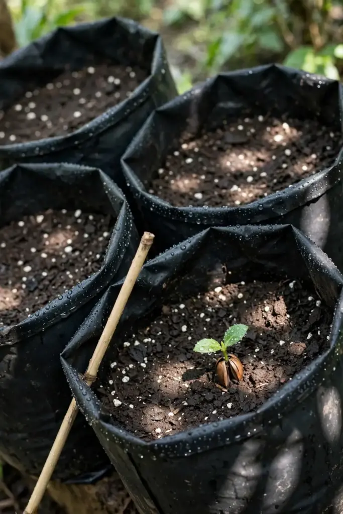 Deep black nursery bags with moist soil holding freshly sown santol seeds