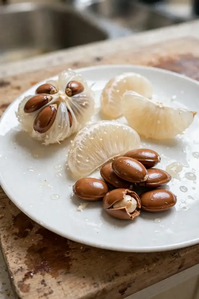 Santol fruit segments cut open with large brown seeds separated on a plate