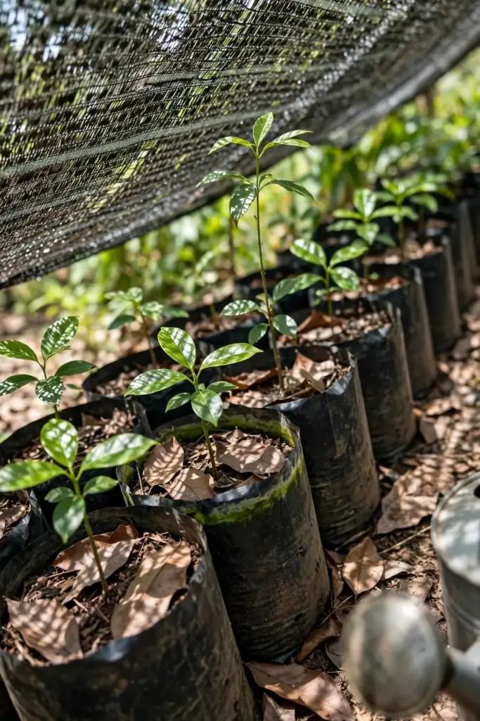 Young santol seedlings in nursery bags under dappled shade cloth
