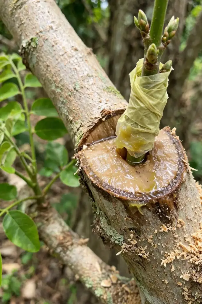 Fresh cleft graft of a sweet santol scion on a cut-back sour tree limb
