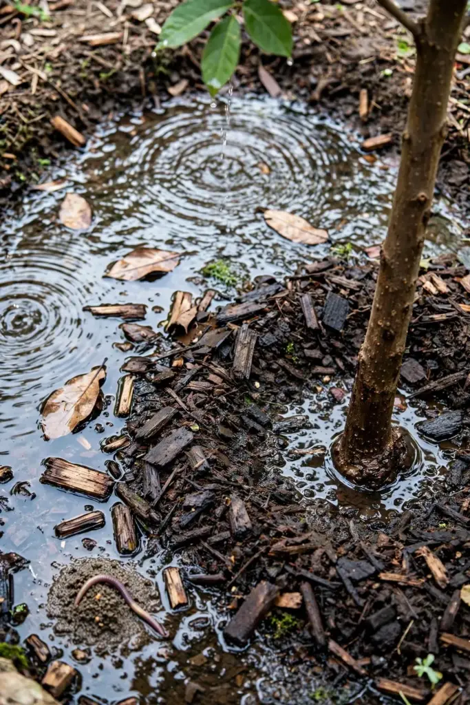 Water soaking into a mulch basin around a young santol tree