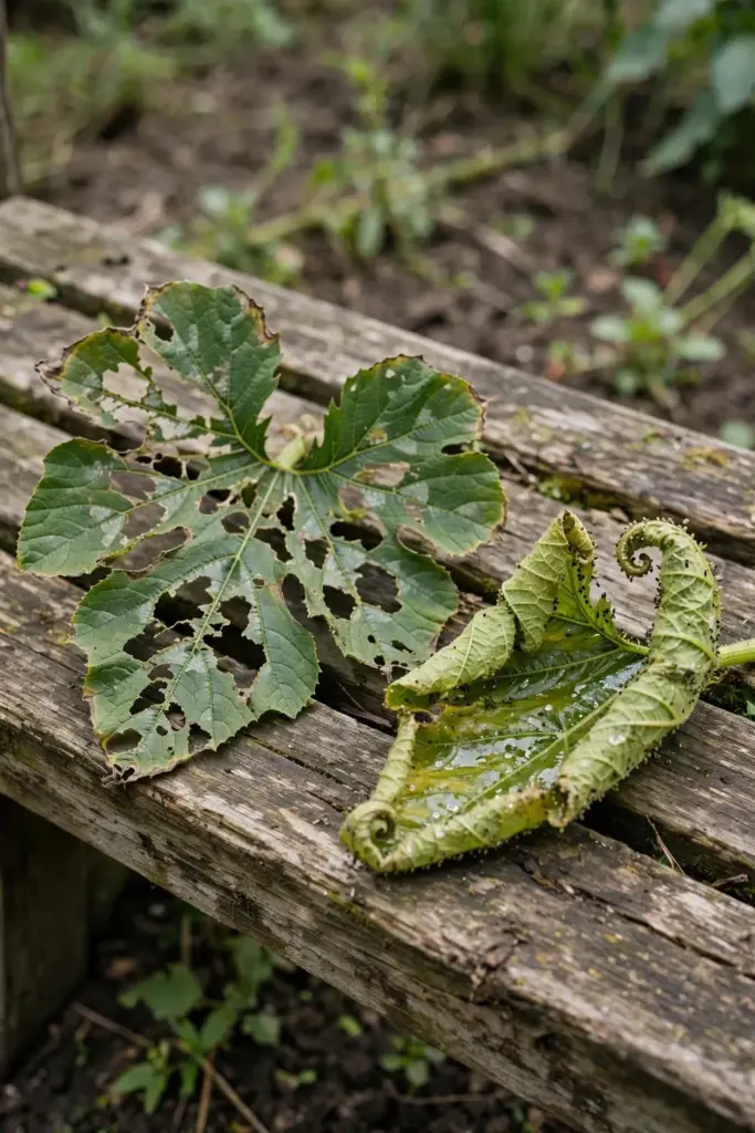 Pumpkin leaf with chew holes beside a curled aphid-damaged tip on a bench