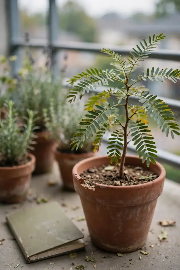 Potted sappanwood tree on a sunny balcony among other herb pots