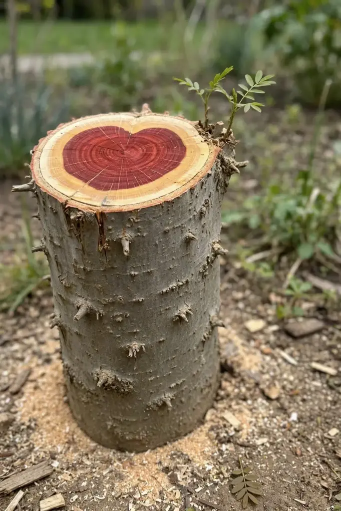 Freshly cut sappanwood stump with red heartwood and new green sprouts