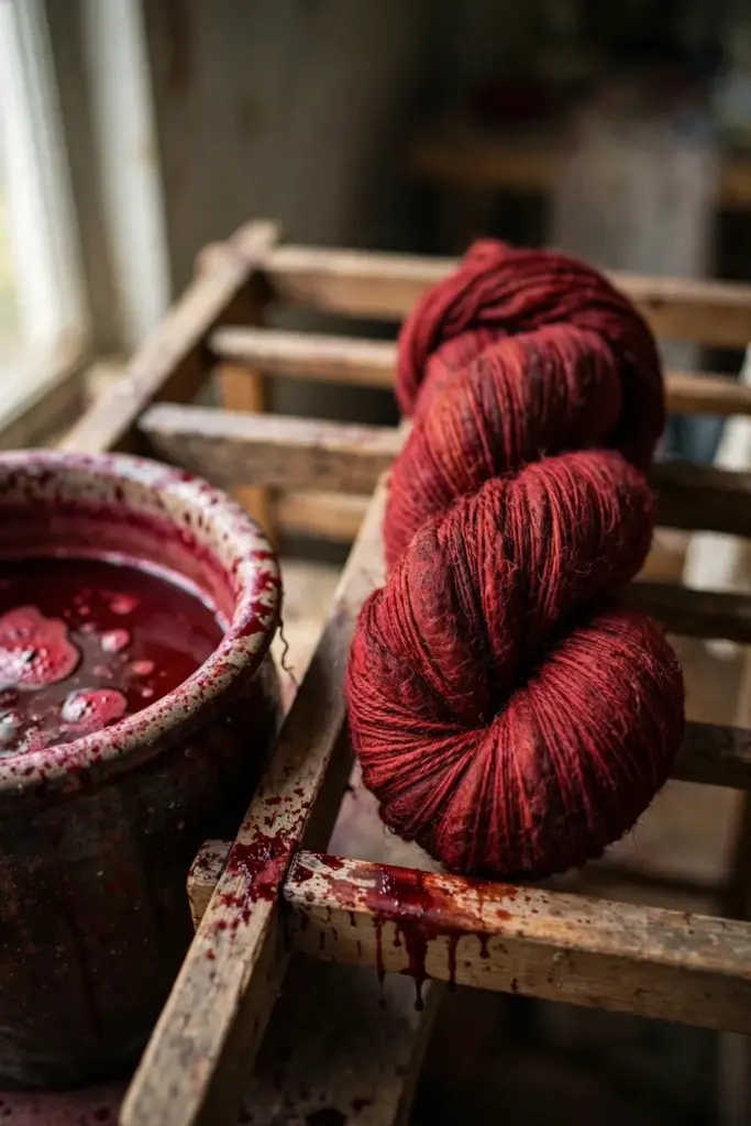 Skein of wool yarn dyed deep red with sappanwood over a drying rack