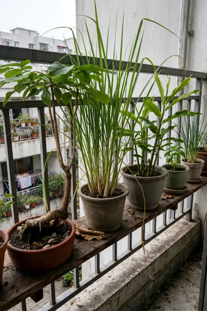 Balcony herb shelf with a potted sappanwood tree in sharp focus