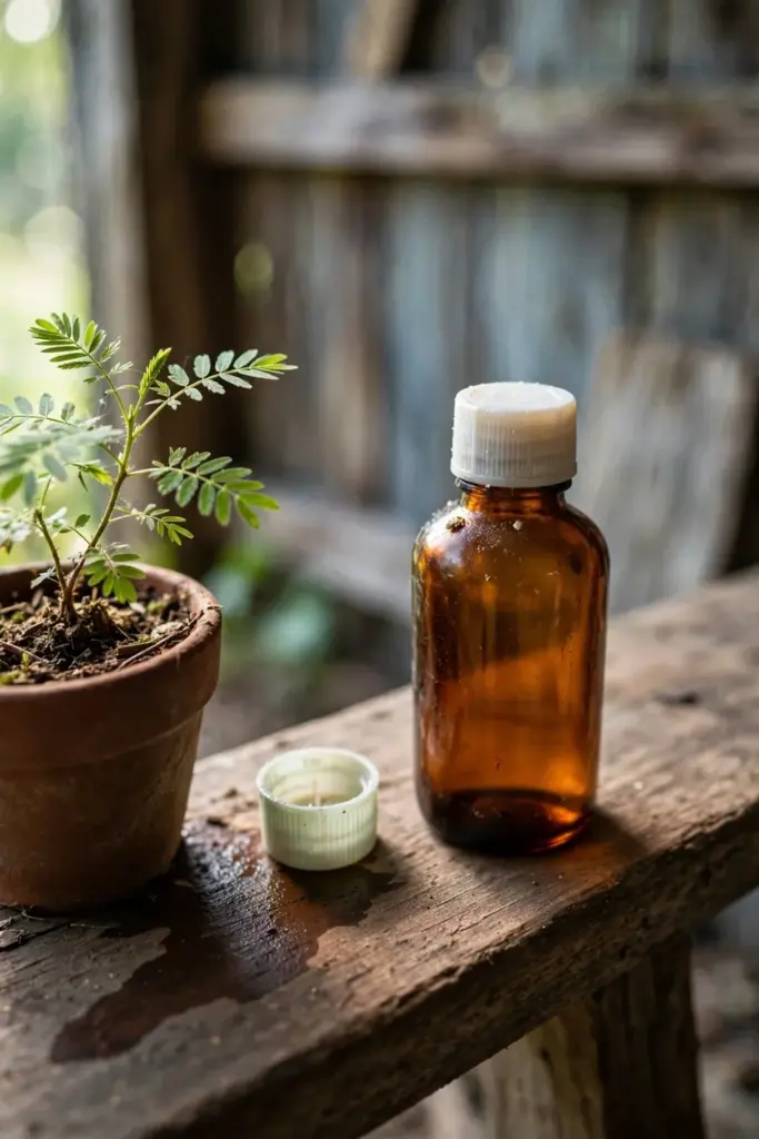 Amber fertilizer bottle and measuring cap beside a potted sappanwood seedling