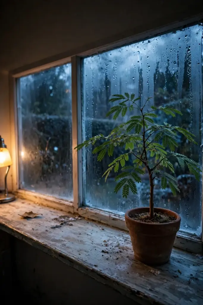 Potted sappanwood tree on an indoor windowsill with cold evening outside