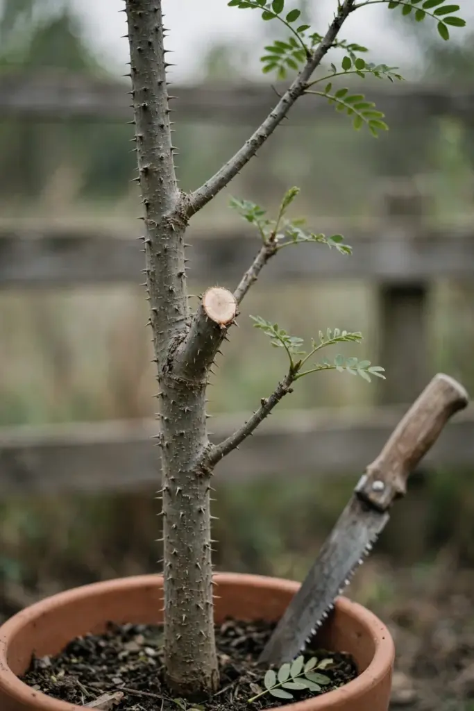 Young potted sappanwood tree pruned to a single trunk with a saw at the pot
