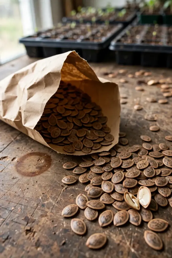 Open seed envelope spilling flat brown sappanwood seeds on a wooden table