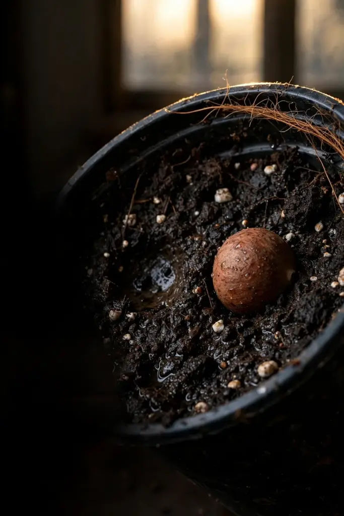 Swollen sappanwood seed pressed into dark moist sowing mix in a small pot