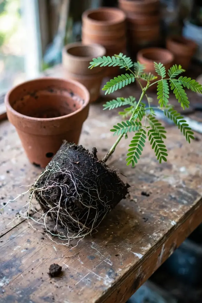 Sappanwood seedling with rootball beside an empty terracotta pot on a bench