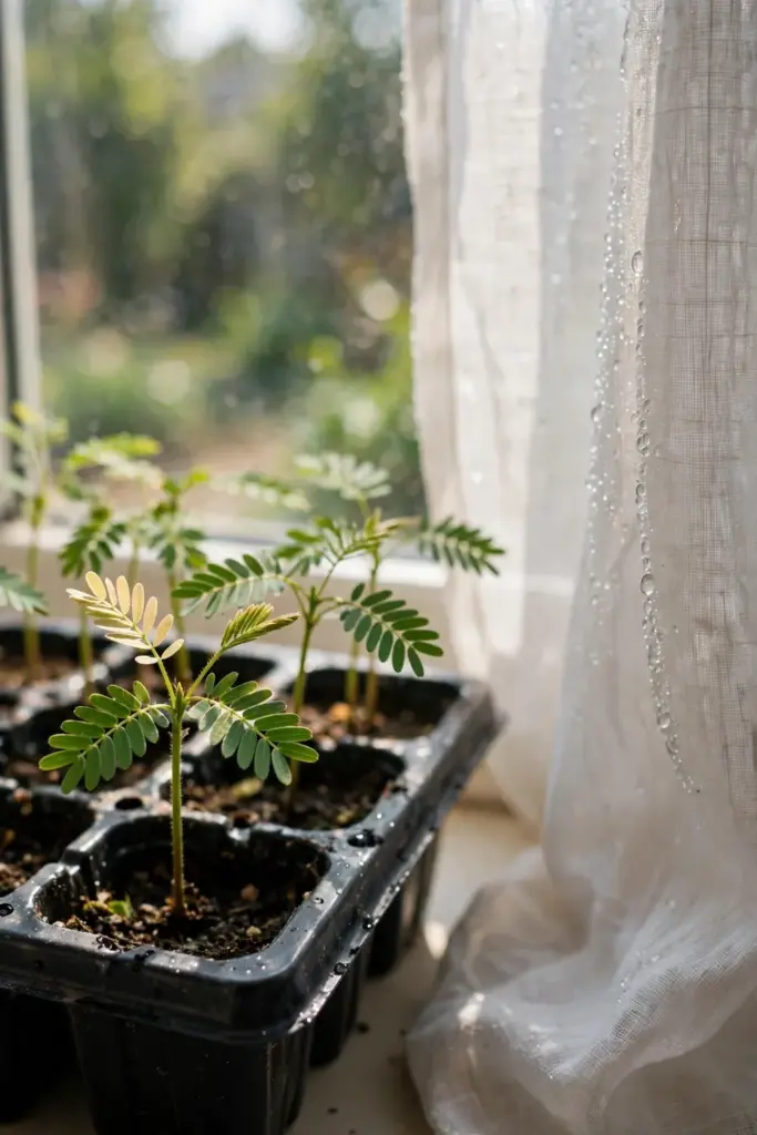Young sappanwood seedlings with divided leaves in a tray on a sunny windowsill