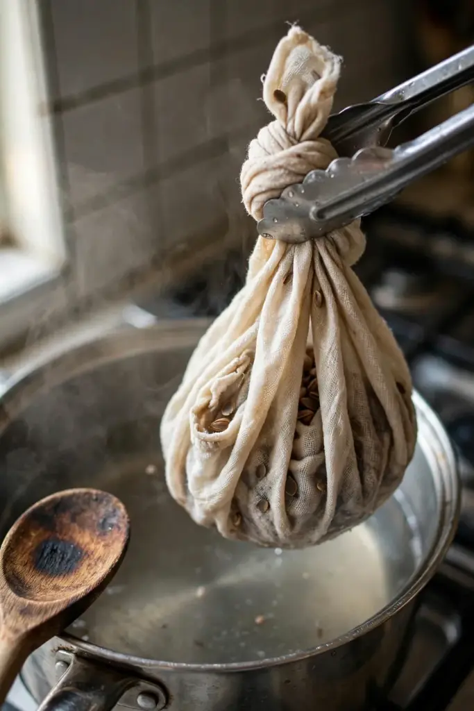 Sappanwood seeds in a cotton cloth bundle held over a steaming pot of water