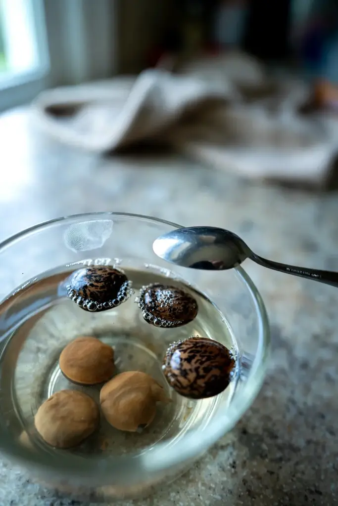 Sappanwood seeds soaking in a small glass bowl of water with a spoon