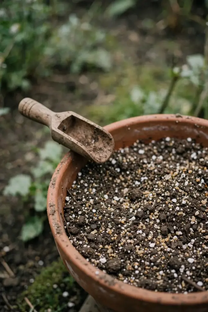 Terracotta pot filled with loose mix showing white perlite flecks and sand