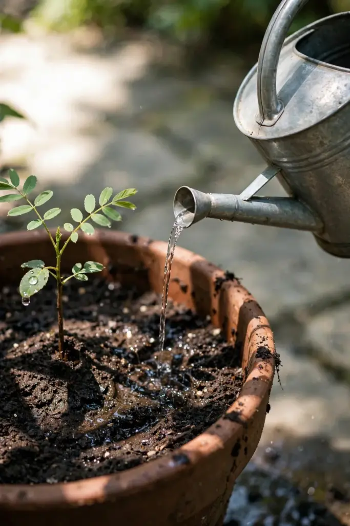 Watering can tipping water onto the mix of a potted sappanwood seedling