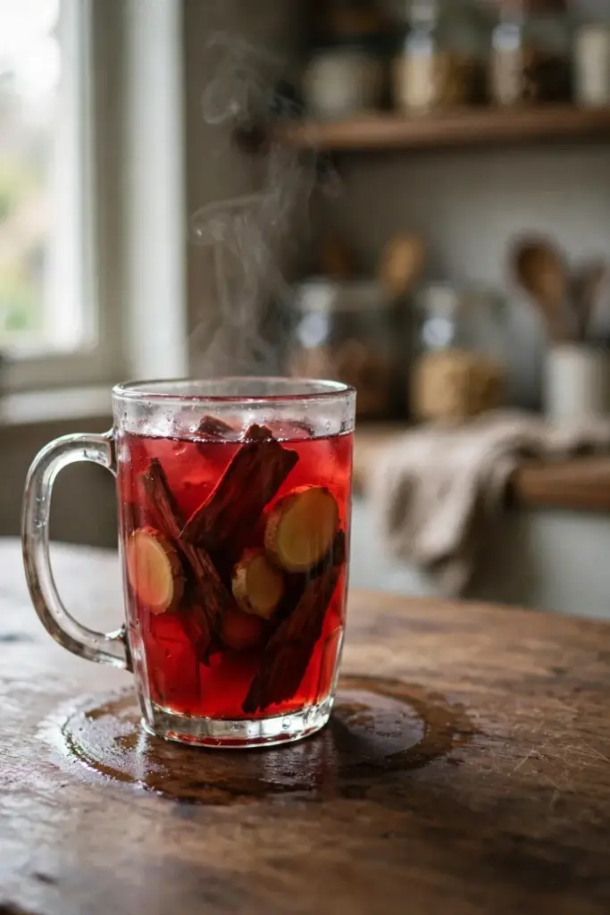 Glass mug of red wedang secang with sappanwood chips and ginger slices