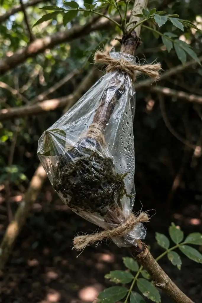 Air layer wrapped in moist moss and plastic on a sarguelas branch